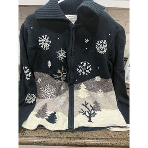 Carly‎ St. Claire Christmas 2004 Beaded Snowflake Winter Scene Zip Sweater Small